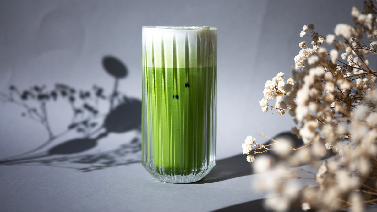 Matcha Latte mit cremigem Milchschaum als Iced-Variante serviert wie im Café in einem stilvollen Highball-Glas, auf grauem Hintergrund mit weißen Ikebana-Blüten im Vordergrund