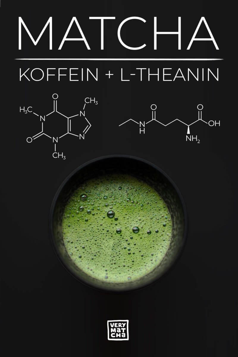 Matcha Koffein und L-Theanin mit unterschiedlichen Strukturformeln und einer Schale Matcha Tee