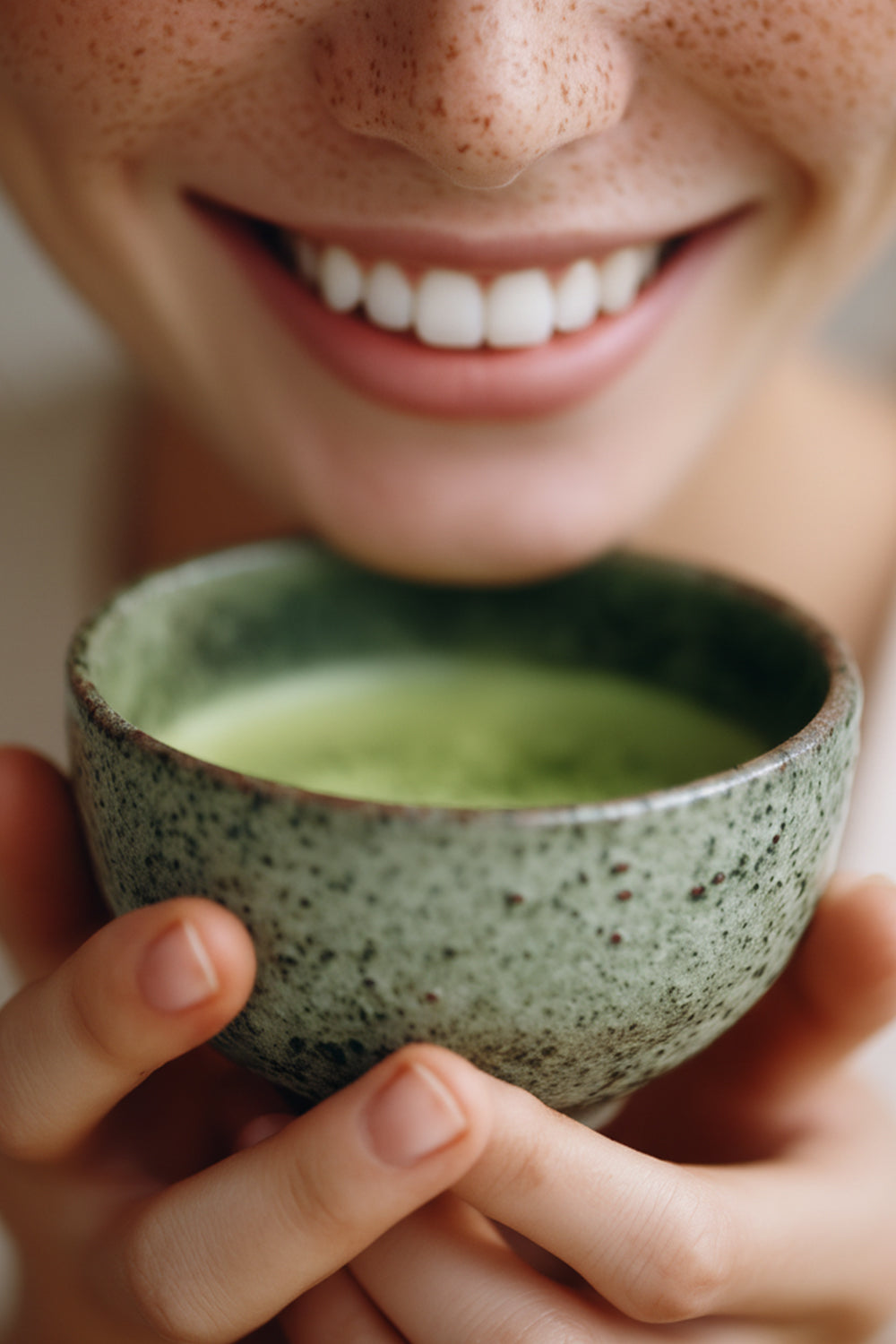 Lächelnde Frau mit gesunden Zähnen hält Matcha-Tee in traditioneller Schale