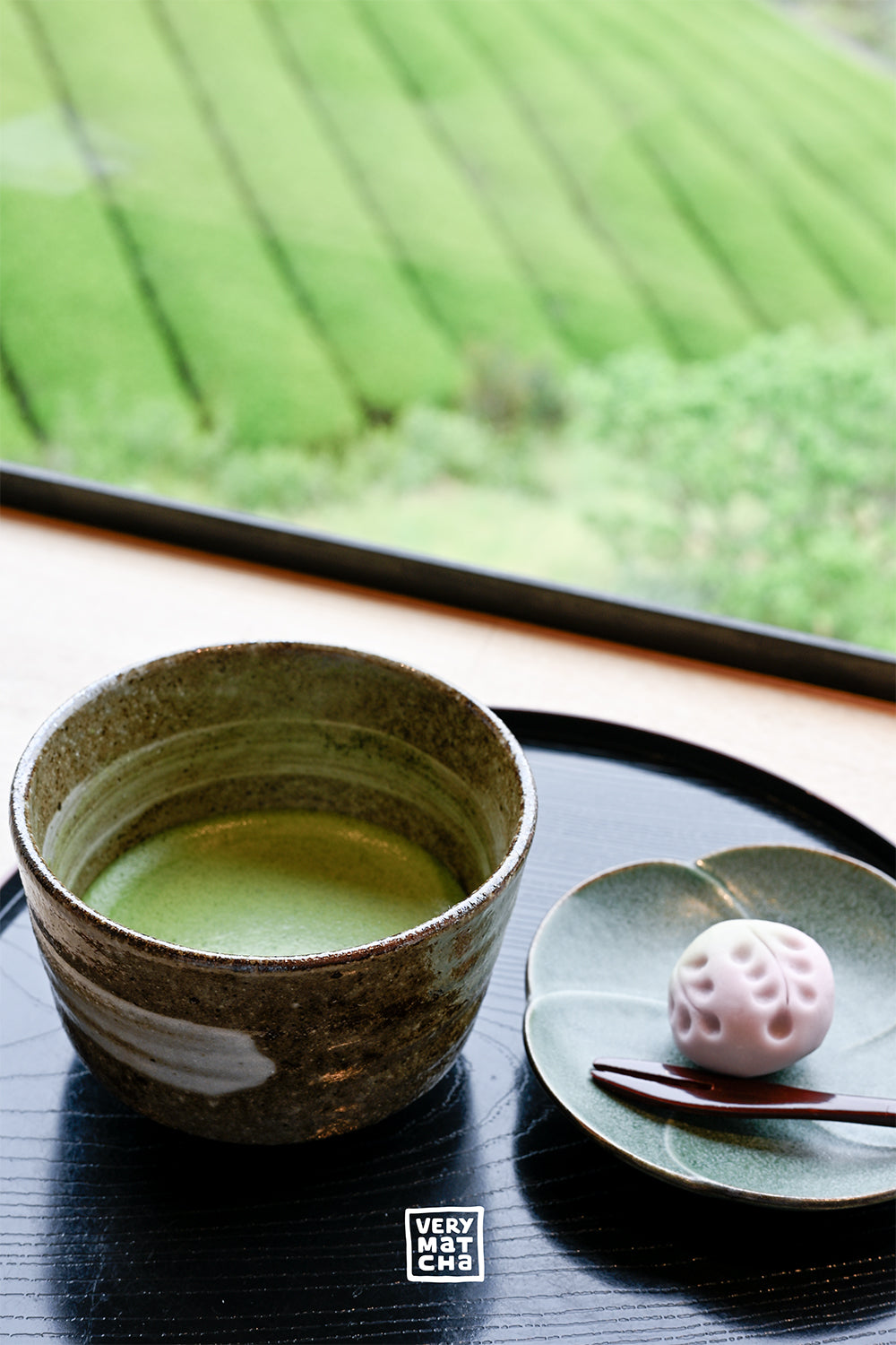 Wofür ist Matcha Tee gut? Bild von einer Tasse Matcha Tee in Wazuka Japan mit Teefeldern im Hintergrund.