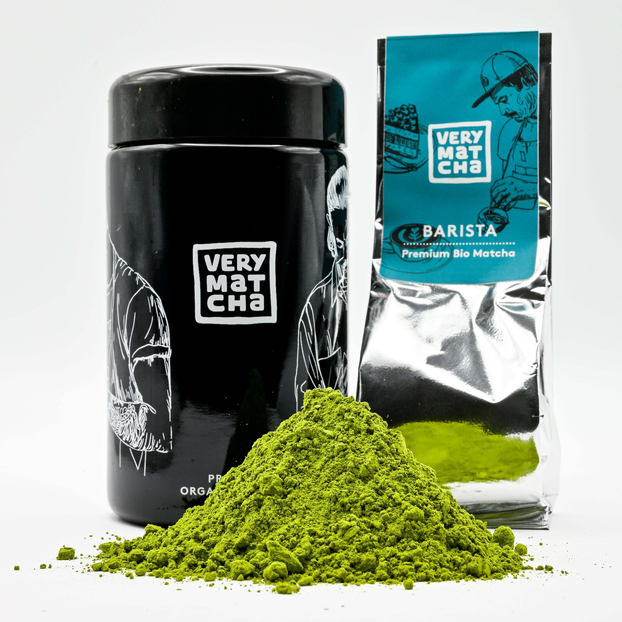 BARISTA Bio Matcha 30 g im Violettglas, Marke Very Matcha, Produktansicht von vorne mit Matchapulver und Nachfüllpack