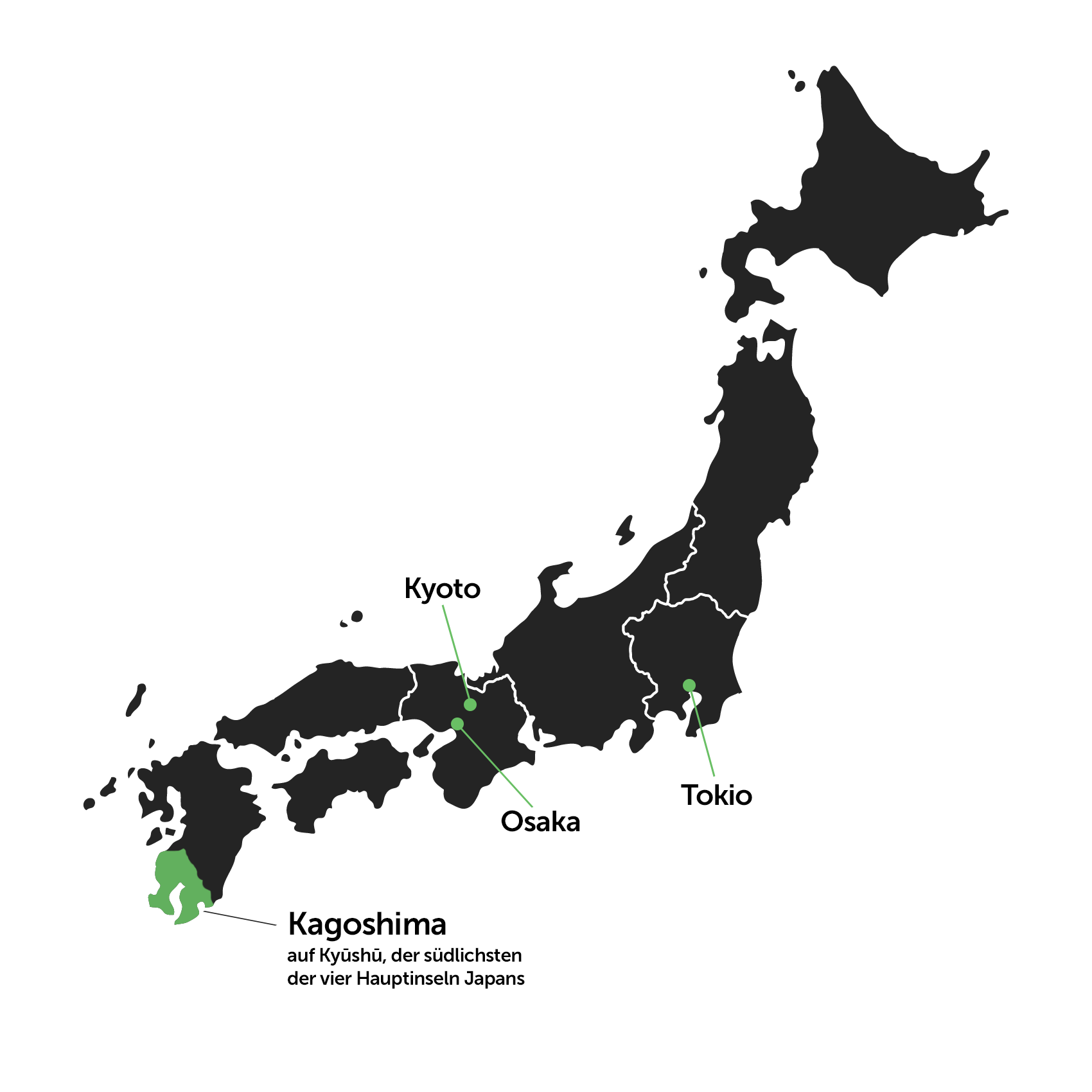 Karte der vier Hauptinseln Japans. Hervorgehoben: Kagoshima auf Kyushu, die Anbauregion des Bio Matcha von VERY MATCHA