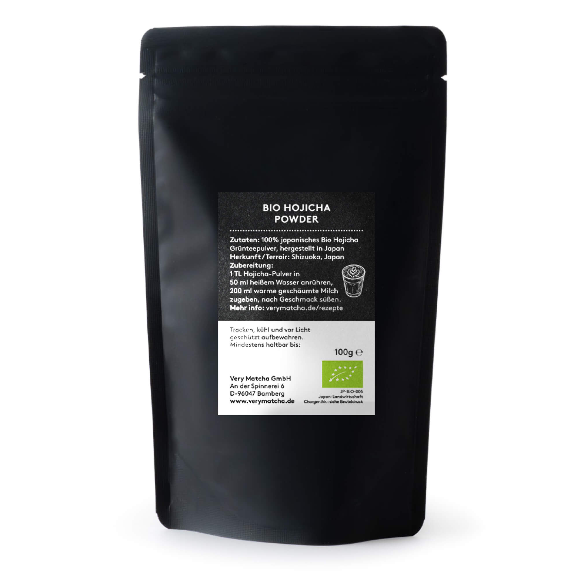 Rückseite des VERY MATCHA Bio Hojicha Pulver Standbeutels mit Zubereitungshinweisen und Bio Zertifizierung. 100 g.