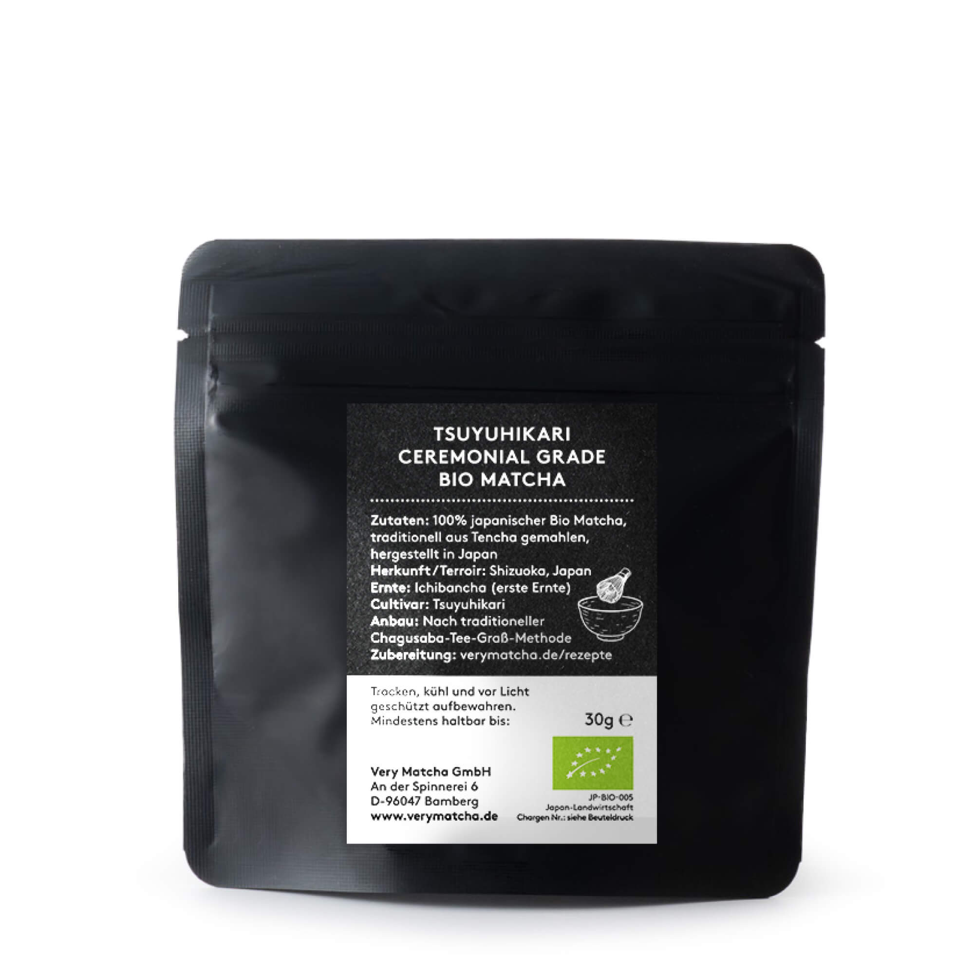 Rückseite der Very Matcha Bio Matcha Tsuyuhikari 30 g Packung mit Zutaten und Herkunft aus Shizuoka