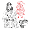 Illustrationen traditionell japanisch gekleideter Personen mit Matchapulver, Chawan (Matcha-Schale) und Chasen (Matcha-Besen). Künstlerin: Anna Chechetka