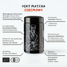 Infografik CEREMONY Bio Matcha 30 g im Violettglas mit EU- und JAS-Bio-Zertifikaten.